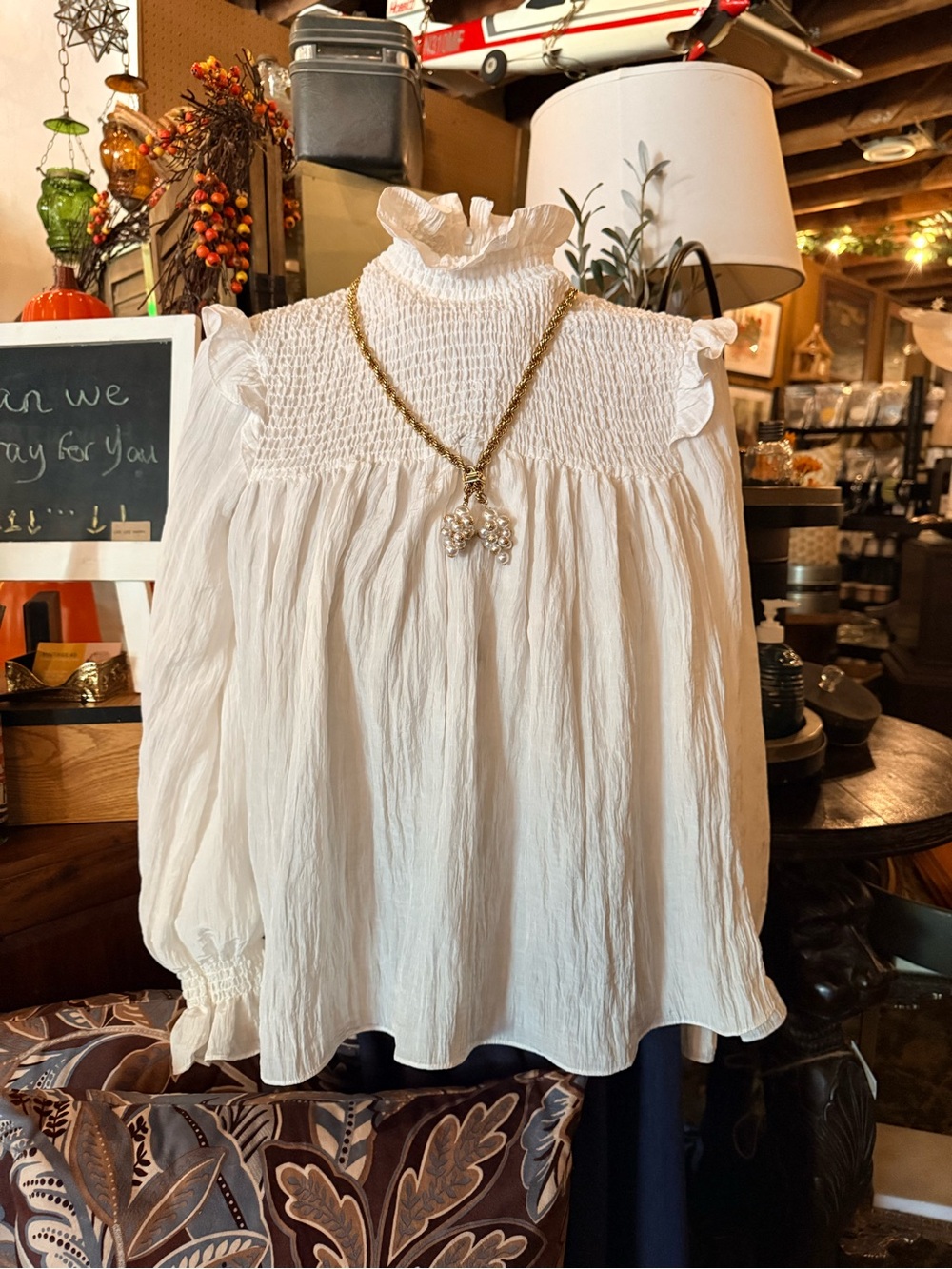 Smocked Ruffle High-Neck Long-Sleeve Blouse - White